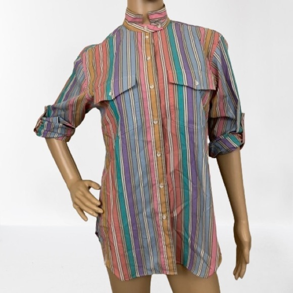 Vintage 80s/90s Liz Claiborne Multi Color Striped Button Down Shirt Size 6 - Picture 1 of 10